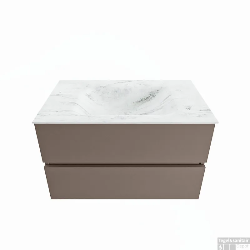 MONDIAZ VICA-DLUX 80cm badmeubel onderkast Smoke 2 lades. Inbouw wastafel CLOUD midden 1 kraangat, kleur Opalo. Must-Have