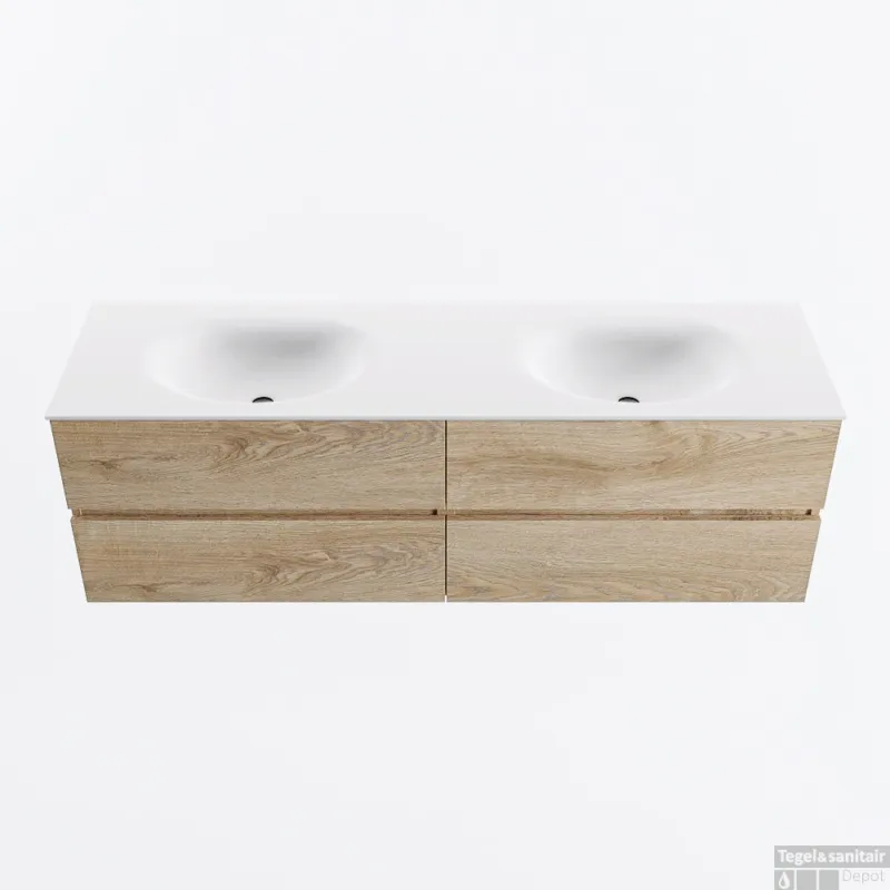 Populair MONDIAZ VICA 160cm badmeubel onderkast Washed Oak 4 lades. Wastafel MOON dubbel zonder kraangat, kleur Talc.