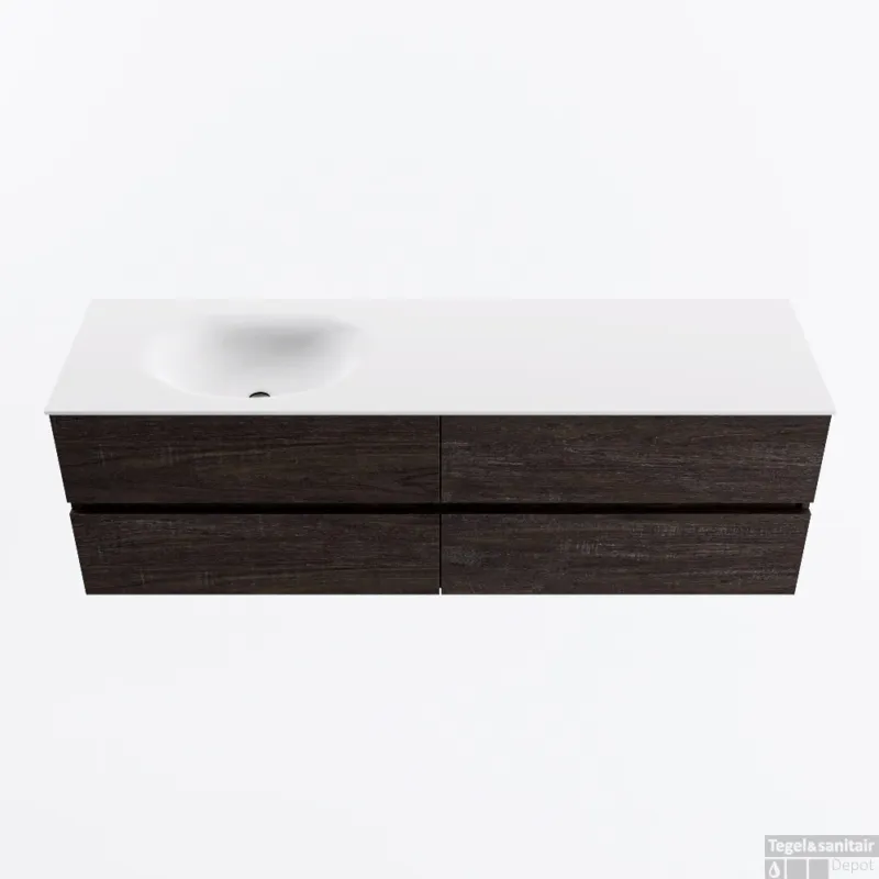 Beperkt Aanbod MONDIAZ VICA 160cm badmeubel onderkast Dark Brown 4 lades. Wastafel MOON links zonder kraangat, kleur Talc.