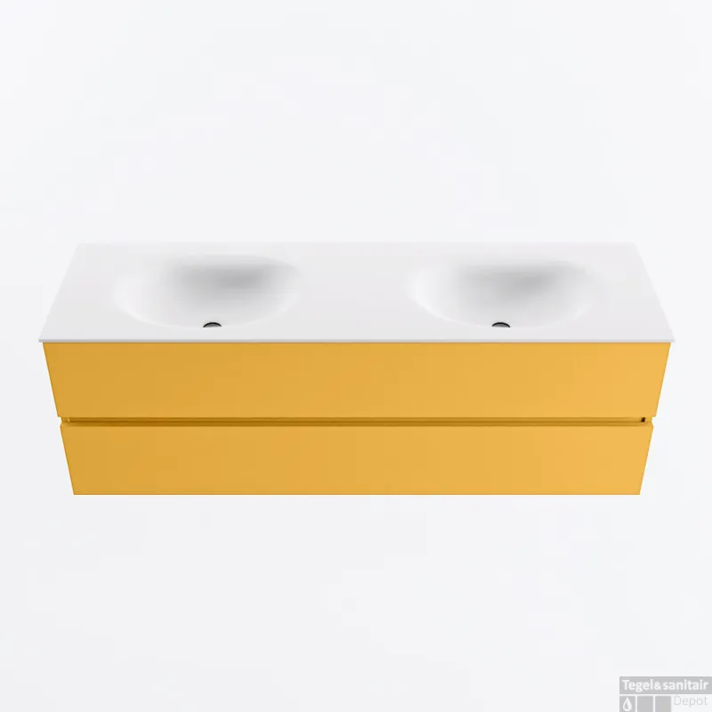 Rechtstreeks Van De Fabrikant MONDIAZ VICA 150cm badmeubel onderkast Ocher 2 lades. Wastafel MOON dubbel 2 kraangaten, kleur Talc.