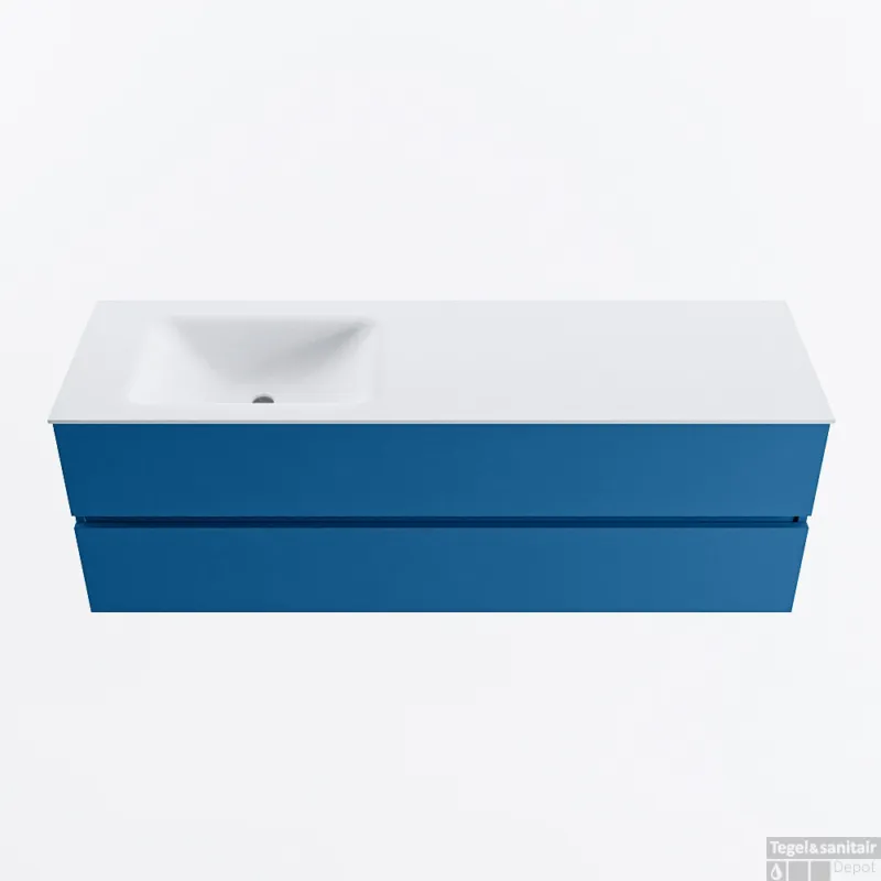 MONDIAZ VICA 150cm badmeubel onderkast Jeans 2 lades. Wastafel CLOUD links zonder kraangat, kleur Talc. Direct Beschikbaar