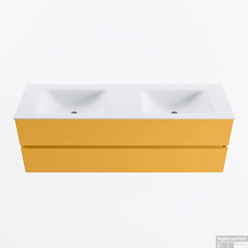 Exclusieve Aanbieding MONDIAZ VICA 150cm badmeubel onderkast Ocher 2 lades. Wastafel CLOUD dubbel 2 kraangaten, kleur Talc.