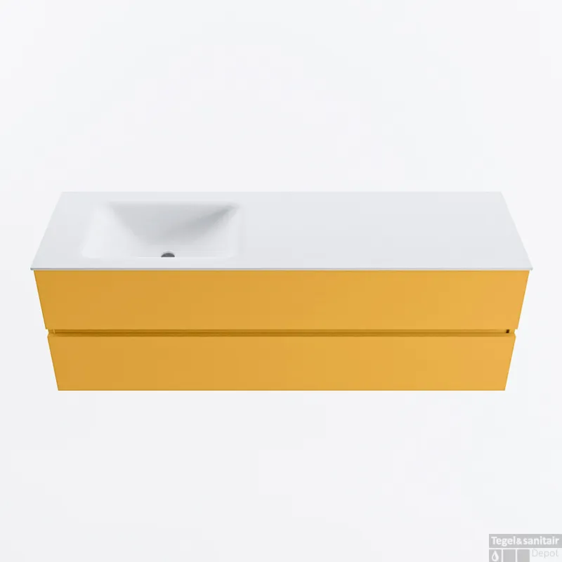 Finale Uitverkoop MONDIAZ VICA 150cm badmeubel onderkast Ocher 2 lades. Wastafel CLOUD links zonder kraangat, kleur Talc.