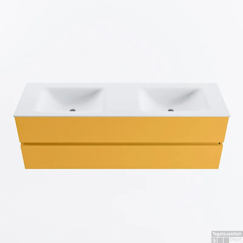 Aanbieding MONDIAZ VICA 150cm badmeubel onderkast Ocher 2 lades. Wastafel CLOUD dubbel zonder kraangat, kleur Talc.