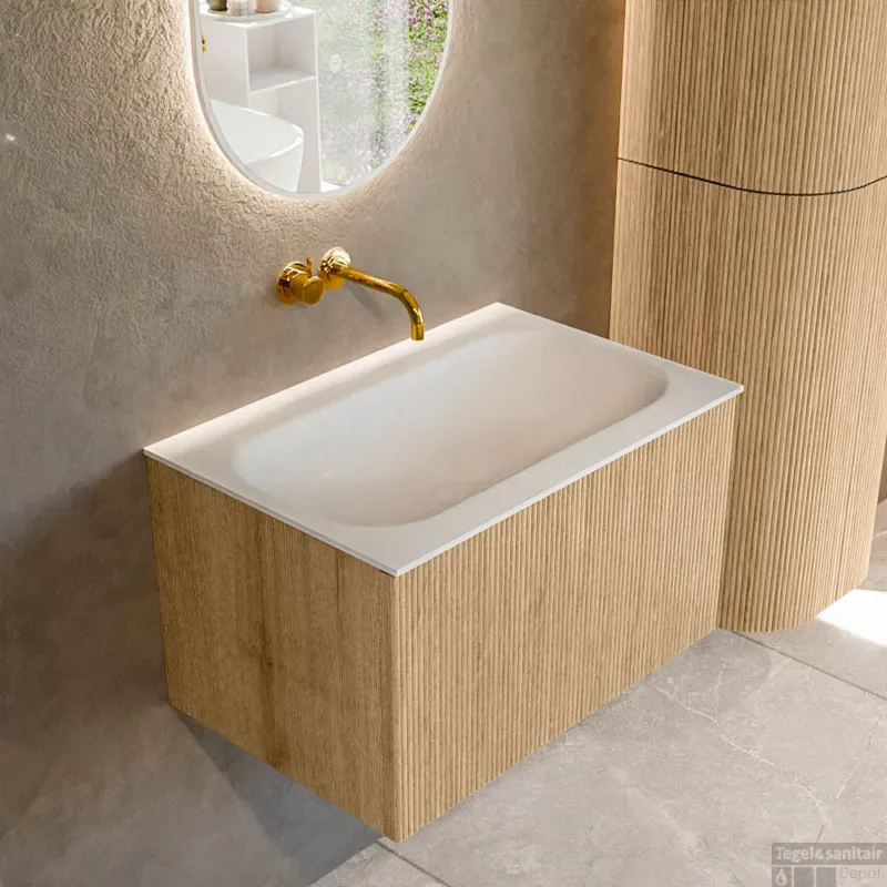 Actieprijs Mondiaz KURVE 70 cm Onderkast Greeploos 1 Lade Zonder Deuren Oak, Wastafel Solid Surface Volledig Talc 0 Kraangaten Zonder Spiegel (KRVBGS701L0D0KM-Oak/Tal)