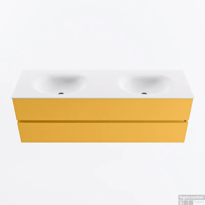 Lage Prijs MONDIAZ VICA 150cm badmeubel onderkast Ocher 2 lades. Wastafel MOON dubbel zonder kraangat, kleur Talc.
