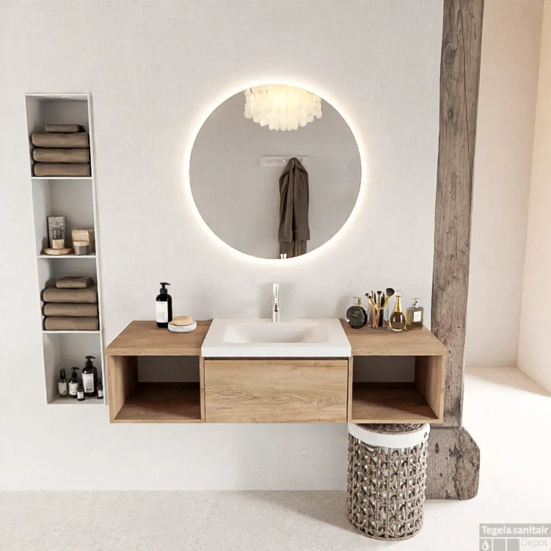 MONDIAZ BUKLA 140cm badmeubel met open module 40 L+R kleur Washed Oak met 2 lades. Wastafel CLOUD midden 1 kraangat kleur Talc. Laatste Versie