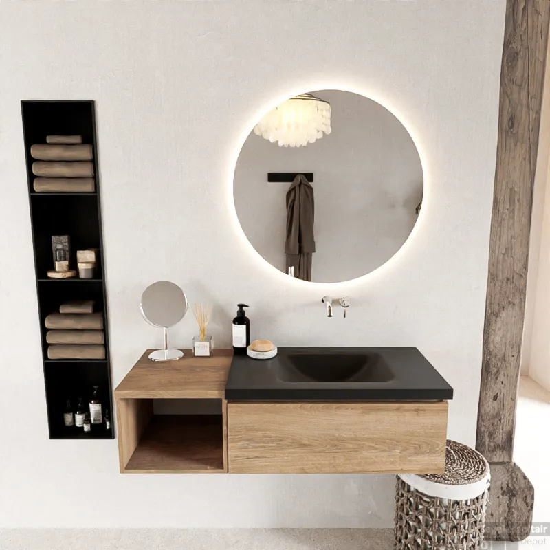 Shop Nu MONDIAZ BUKLA 120cm badmeubel met open module 40 kleur Washed Oak met 1 lade. Wastafel CLOUD rechts 0 kraangaten kleur Urban.
