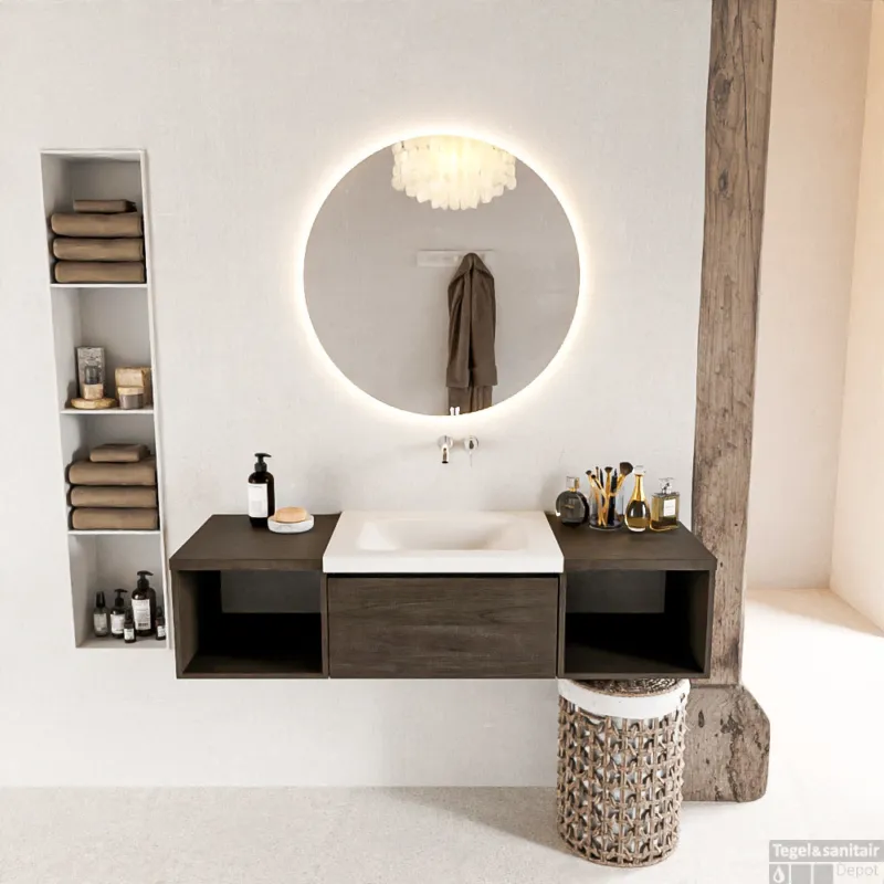 MONDIAZ BUKLA 140cm badmeubel met open module 40 L+R kleur Dark Brown met 2 lades. Wastafel CLOUD midden 0 kraangaten kleur Talc. Gereduceerde Prijs