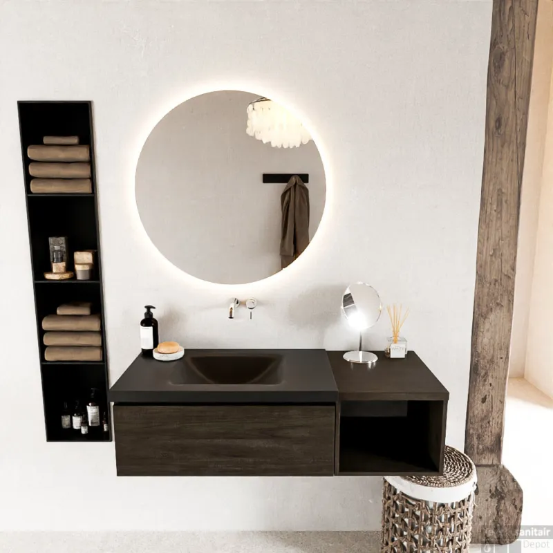MONDIAZ BUKLA 120cm badmeubel met open module 40 kleur Dark Brown met 1 lade. Wastafel CLOUD links 0 kraangaten kleur Urban. Koop Vandaag
