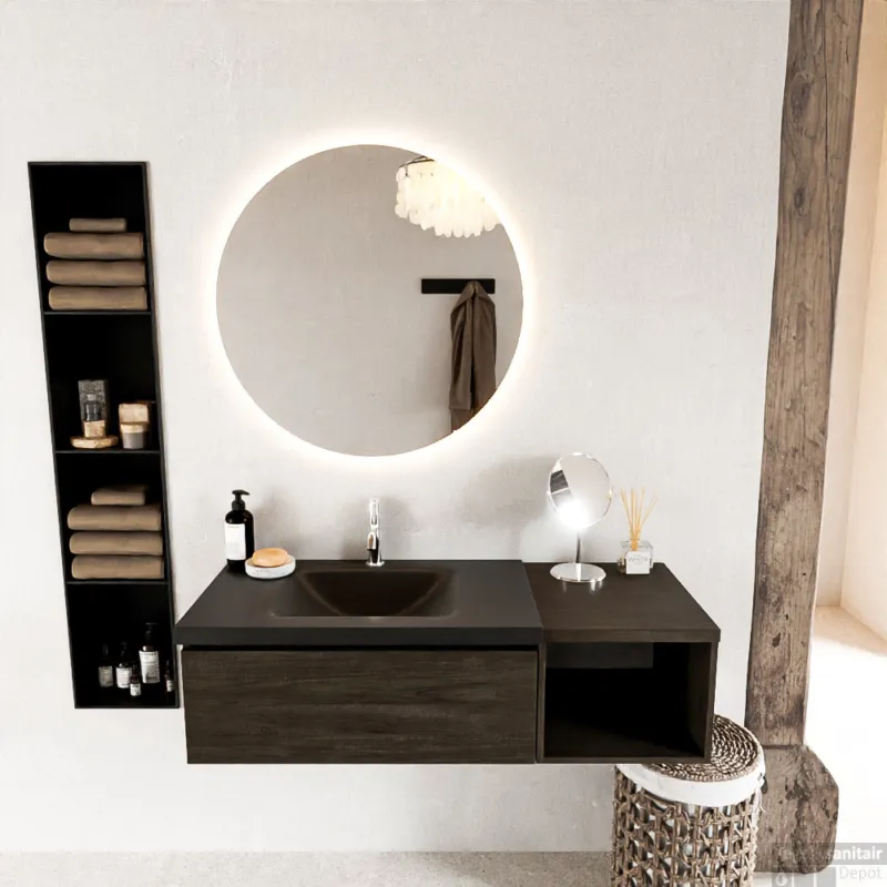 MONDIAZ BUKLA 120cm badmeubel met open module 40 kleur Dark Brown met 1 lade. Wastafel CLOUD links 1 kraangat kleur Urban. Superprijs