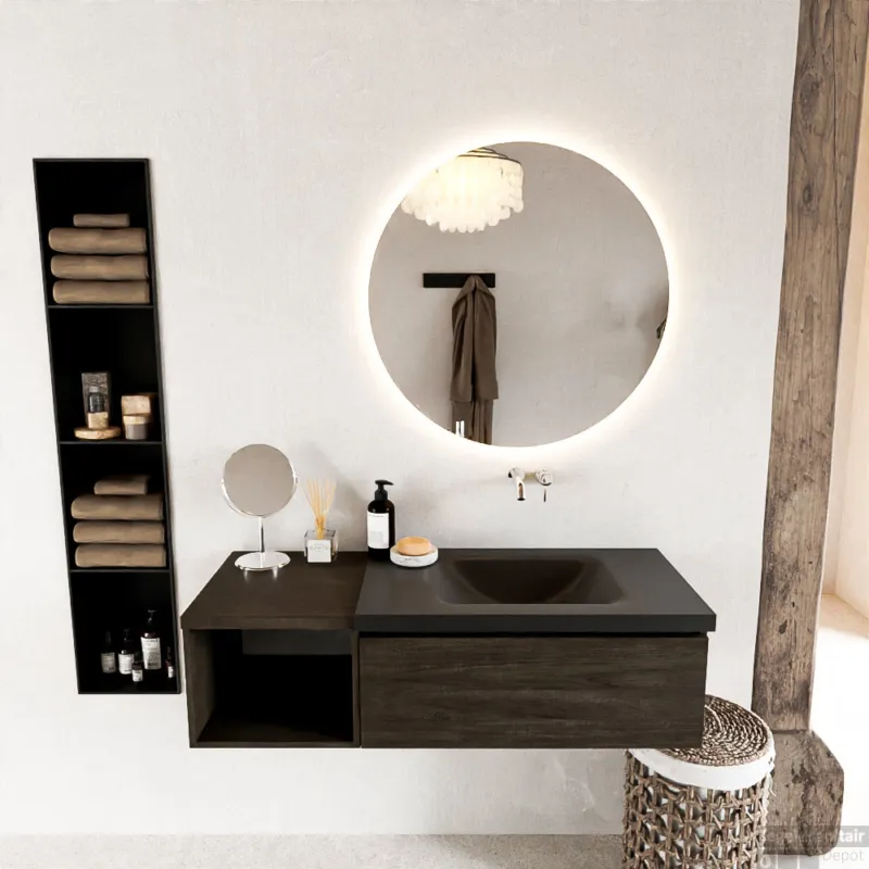MONDIAZ BUKLA 120cm badmeubel met open module 40 kleur Dark Brown met 1 lade. Wastafel CLOUD rechts 0 kraangaten kleur Urban. Tijdelijk Beschikbaar