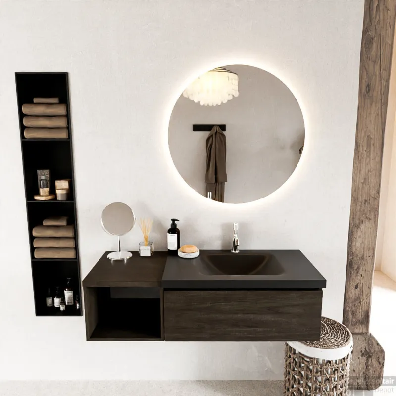 MONDIAZ BUKLA 120cm badmeubel met open module 40 kleur Dark Brown met 1 lade. Wastafel CLOUD rechts 1 kraangat kleur Urban. Premium