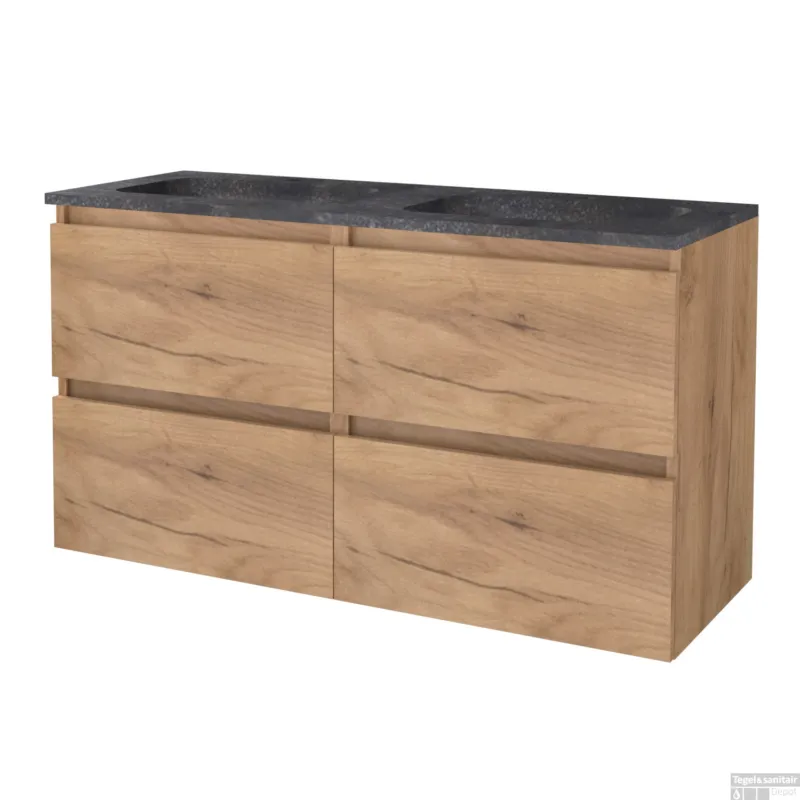 Betrouwbaar Badmeubelset BWS Salt 120x46cm Greeploos 4 Lades Met Wastafel Hardsteen 2 Kraangaten Whisky Oak