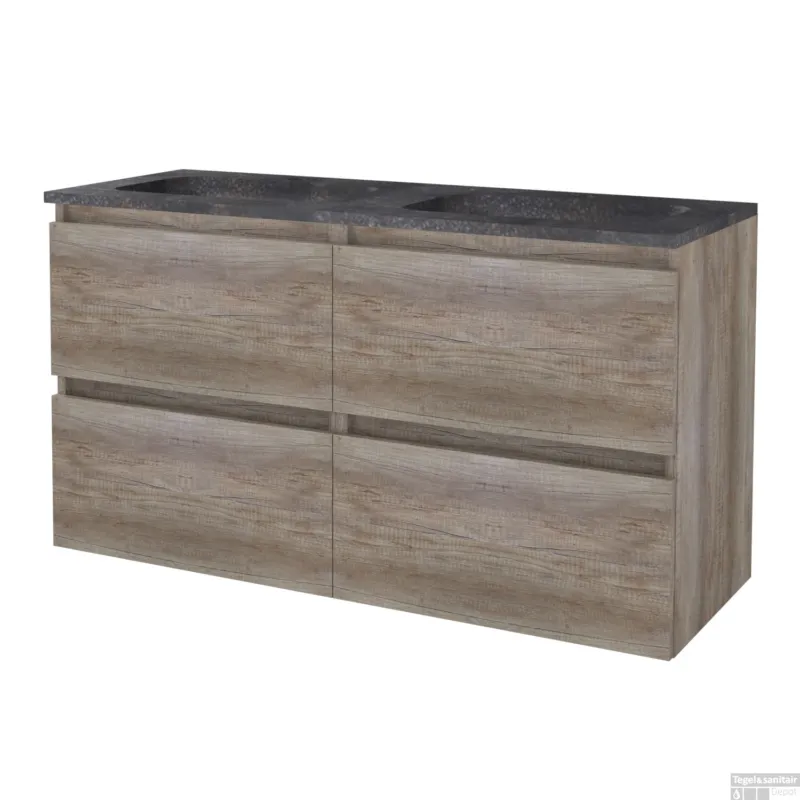 Speciale Aanbieding Badmeubelset BWS Salt 120x46cm Greeploos 4 Lades Met Wastafel Hardsteen 2 Kraangaten Scotch Oak