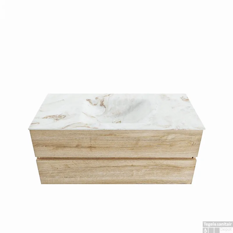 Laatste Versie MONDIAZ VICA-DLUX 110cm badmeubel onderkast Washed Oak 2 lades. Inbouw wastafel CLOUD midden zonder kraangat, kleur Frappe.