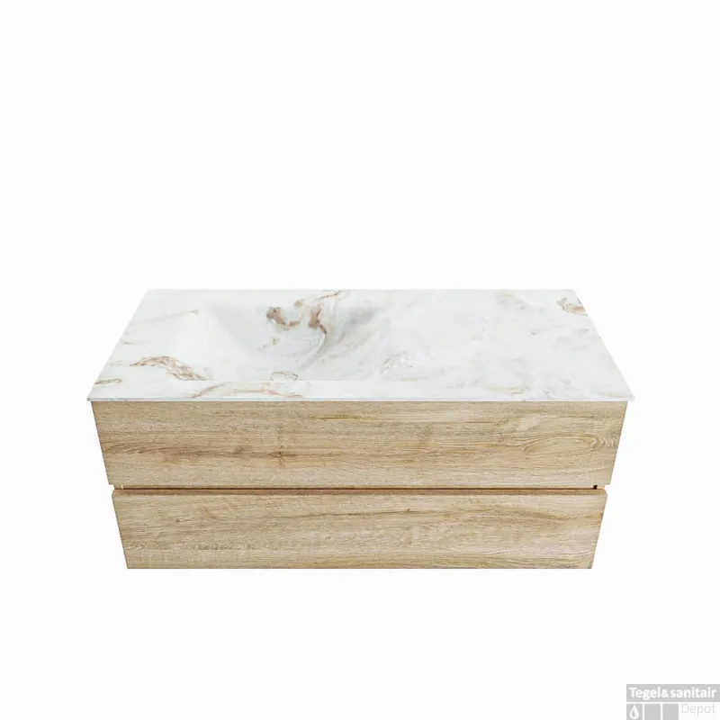 Direct Beschikbaar MONDIAZ VICA-DLUX 110cm badmeubel onderkast Washed Oak 2 lades. Inbouw wastafel CLOUD links zonder kraangat, kleur Frappe.