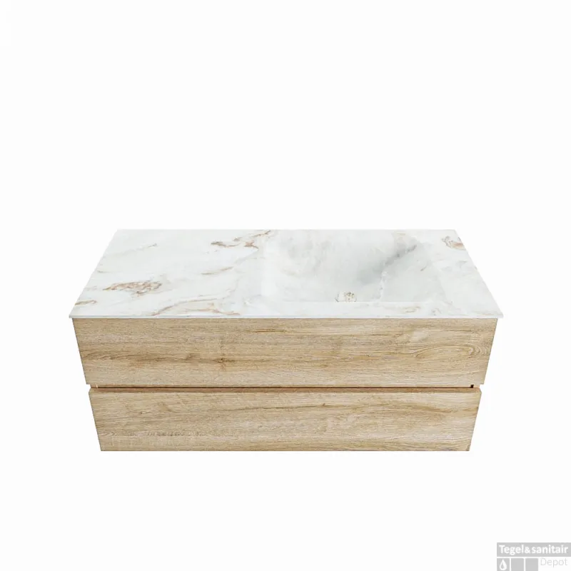 MONDIAZ VICA-DLUX 110cm badmeubel onderkast Washed Oak 2 lades. Inbouw wastafel CLOUD rechts zonder kraangat, kleur Frappe. Laatste Kans