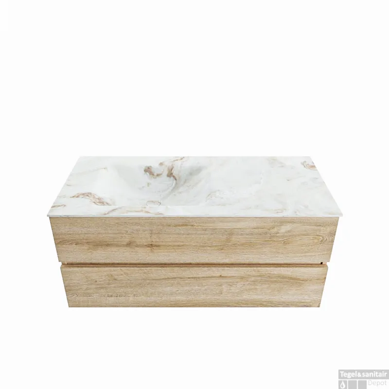 MONDIAZ VICA-DLUX 110cm badmeubel onderkast Washed Oak 2 lades. Inbouw wastafel CLOUD links 1 kraangat, kleur Frappe. Speciale Aanbieding