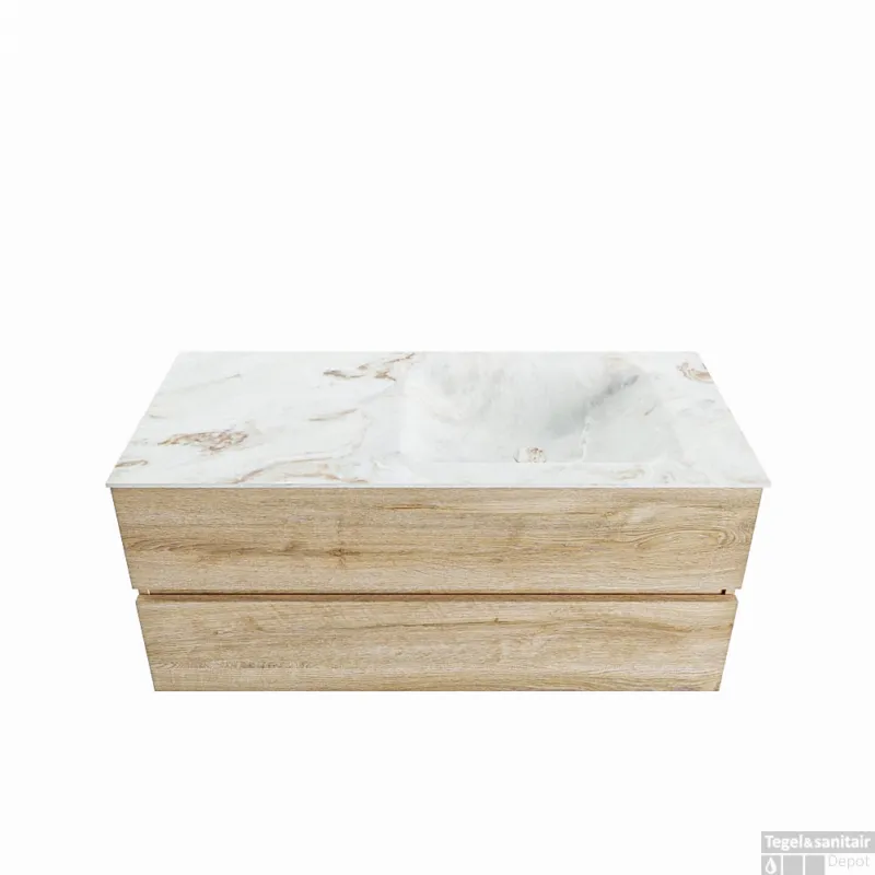 Lage Prijs MONDIAZ VICA-DLUX 110cm badmeubel onderkast Washed Oak 2 lades. Inbouw wastafel CLOUD rechts 1 kraangat, kleur Frappe.
