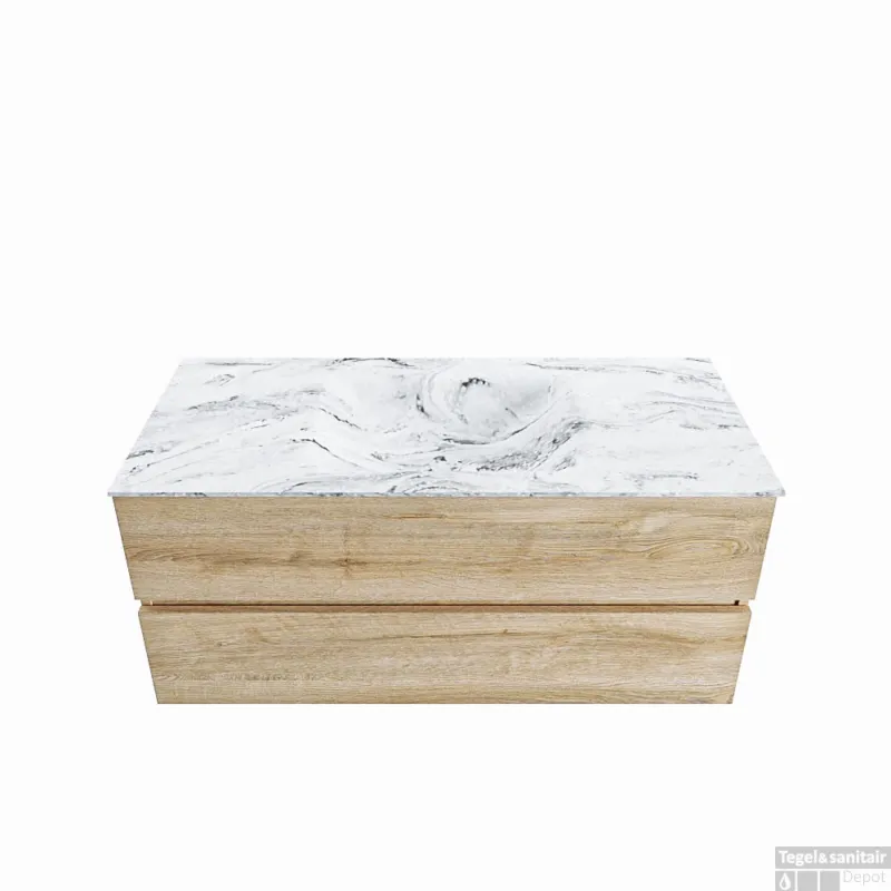 MONDIAZ VICA-DLUX 110cm badmeubel onderkast Washed Oak 2 lades. Inbouw wastafel CLOUD midden zonder kraangat, kleur Glace. Koop Vandaag