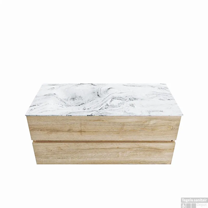 MONDIAZ VICA-DLUX 110cm badmeubel onderkast Washed Oak 2 lades. Inbouw wastafel CLOUD links zonder kraangat, kleur Glace. Betrouwbaar