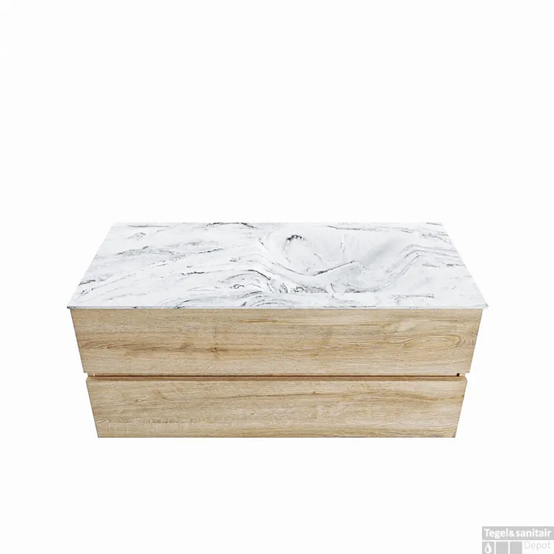 Lage Kosten MONDIAZ VICA-DLUX 110cm badmeubel onderkast Washed Oak 2 lades. Inbouw wastafel CLOUD rechts zonder kraangat, kleur Glace.