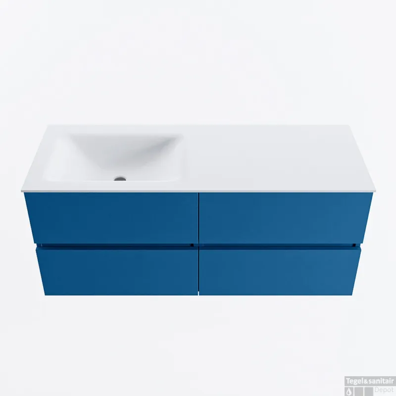 MONDIAZ VICA 120cm badmeubel onderkast Jeans 4 lades. Wastafel CLOUD links 1 kraangat, kleur Talc. Dagaanbieding