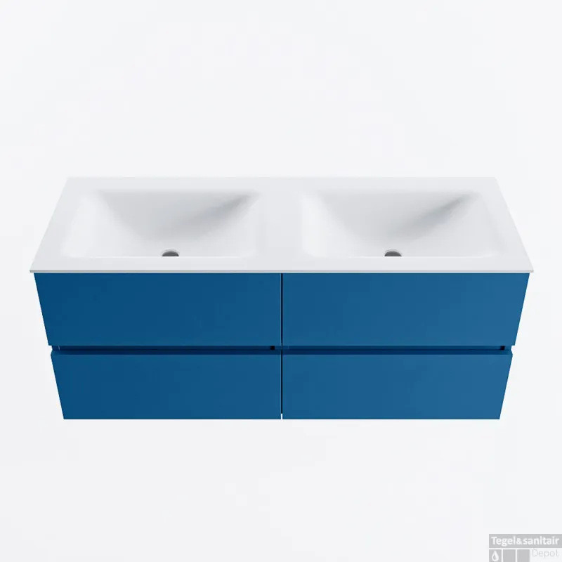 MONDIAZ VICA 120cm badmeubel onderkast Jeans 4 lades. Wastafel CLOUD dubbel 2 kraangaten, kleur Talc. Snelle Levering