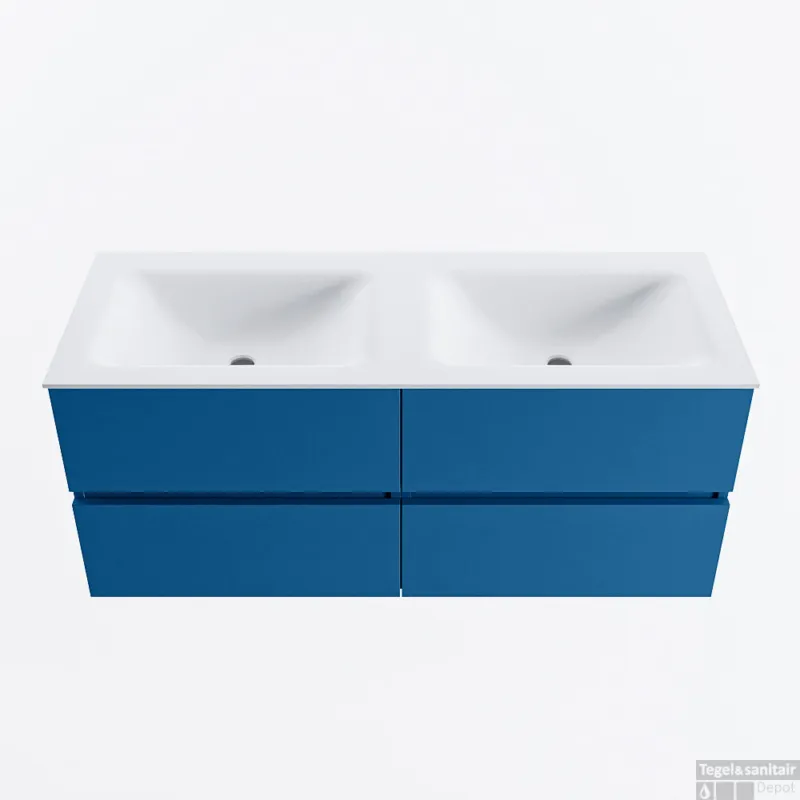 MONDIAZ VICA 120cm badmeubel onderkast Jeans 4 lades. Wastafel CLOUD dubbel zonder kraangat, kleur Talc. Laatste Versie