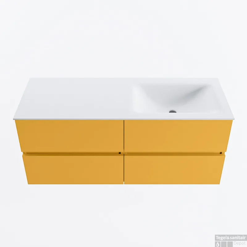 Express Levering MONDIAZ VICA 120cm badmeubel onderkast Ocher 4 lades. Wastafel CLOUD rechts 1 kraangat, kleur Talc.