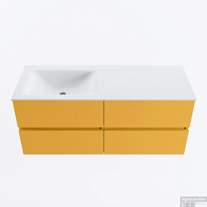 Betaalbaar MONDIAZ VICA 120cm badmeubel onderkast Ocher 4 lades. Wastafel CLOUD links zonder kraangat, kleur Talc.