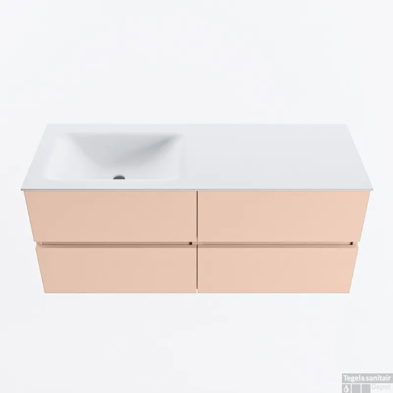 MONDIAZ VICA 120cm badmeubel onderkast Rosee 4 lades. Wastafel CLOUD links zonder kraangat, kleur Talc. Lage Prijs