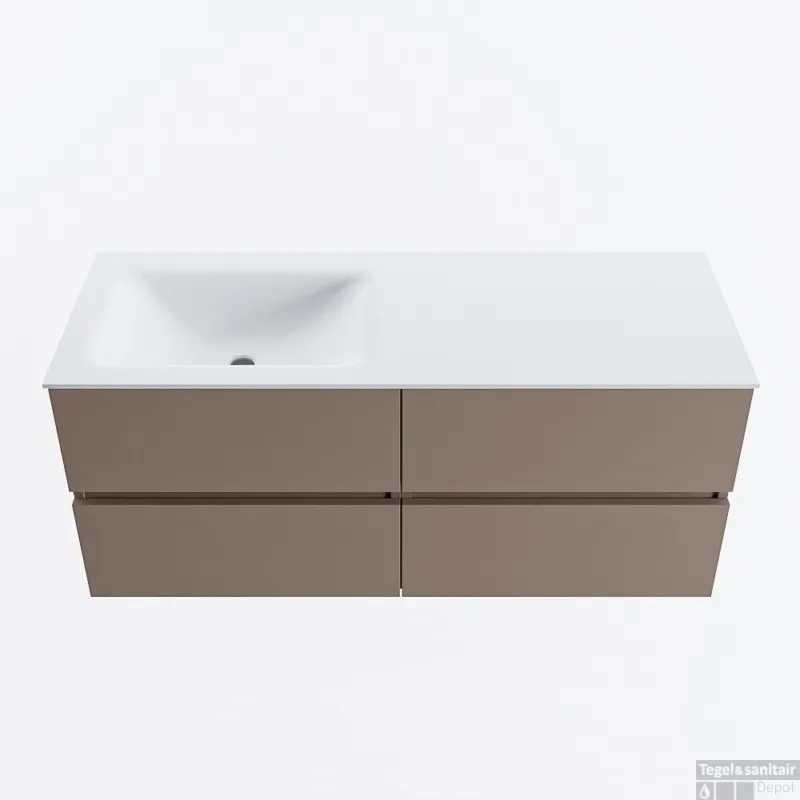 Bestseller MONDIAZ VICA 120cm badmeubel onderkast Smoke 4 lades. Wastafel CLOUD links 1 kraangat, kleur Talc.