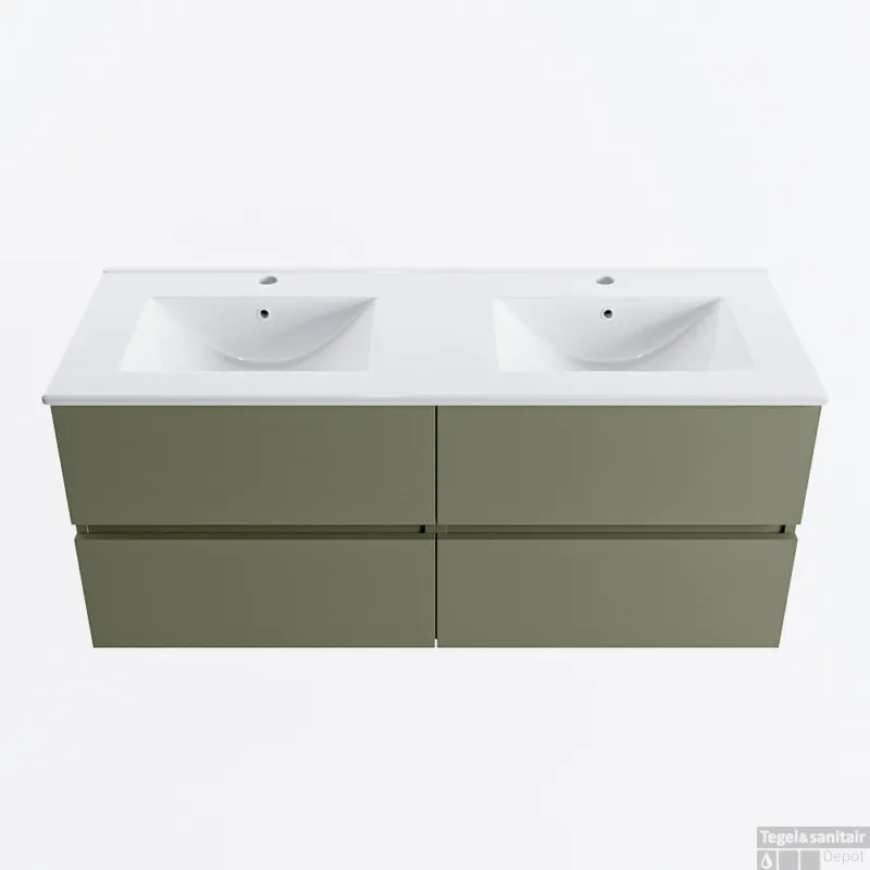 MONDIAZ VICA 120cm badmeubel onderkast Army 4 lades. Wastafel DENIA dubbel 2 kraangaten, kleur Glanzend Wit. Lage Prijs
