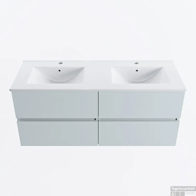 Gecertificeerd MONDIAZ VICA 120cm badmeubel onderkast Clay 4 lades. Wastafel DENIA dubbel 2 kraangaten, kleur Glanzend Wit.