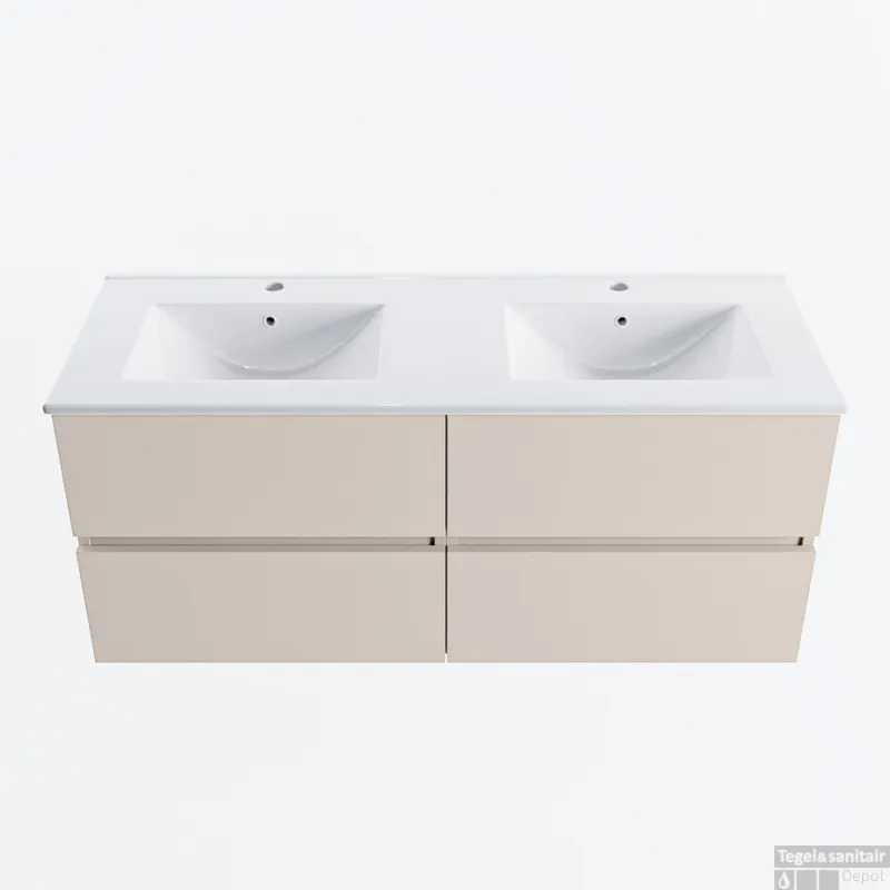 Gratis Retour MONDIAZ VICA 120cm badmeubel onderkast Linen 4 lades. Wastafel DENIA dubbel 2 kraangaten, kleur Glanzend Wit.