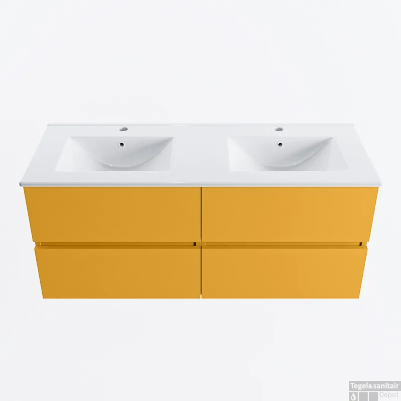 Lage Kosten MONDIAZ VICA 120cm badmeubel onderkast Ocher 4 lades. Wastafel DENIA dubbel 2 kraangaten, kleur Glanzend Wit.
