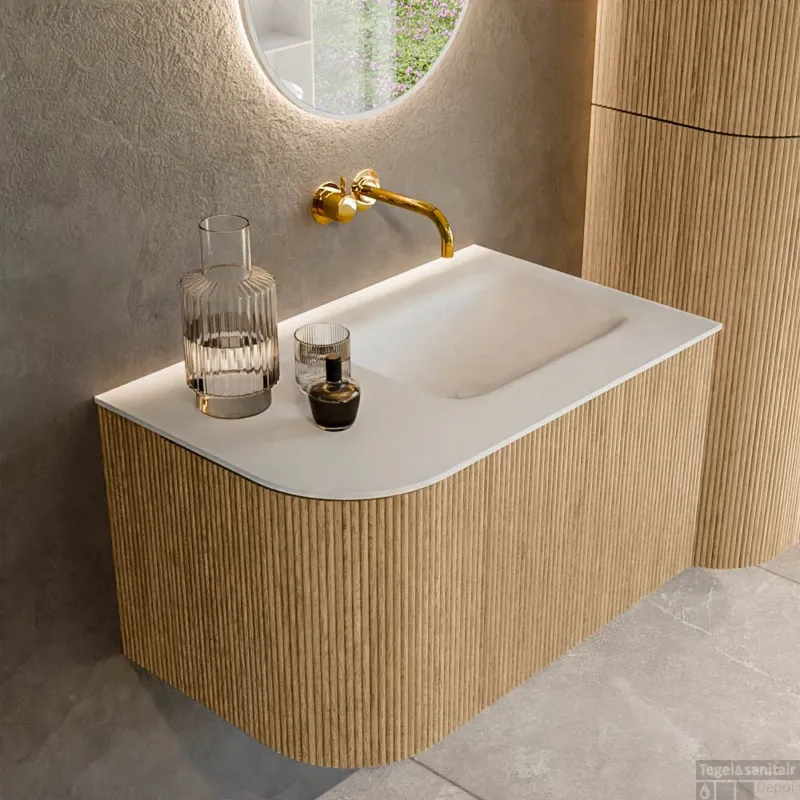Mondiaz KURVE 75 cm Onderkast Greeploos 1 Lade Met Deuren Oak, Wastafel Solid Surface Rechts Talc 0 Kraangaten Zonder Spiegel (KRVGRU75L1L1D0KR-Oak/Tal) Direct Verzonden