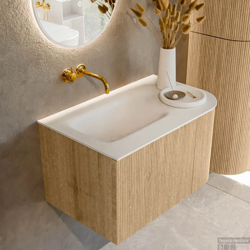 Mondiaz KURVE 75 cm Onderkast Greeploos 1 Lade Met Deuren Oak, Wastafel Solid Surface Links Talc 0 Kraangaten Zonder Spiegel (KRVGRU75R1L1D0KL-Oak/Tal) Alleen Vandaag