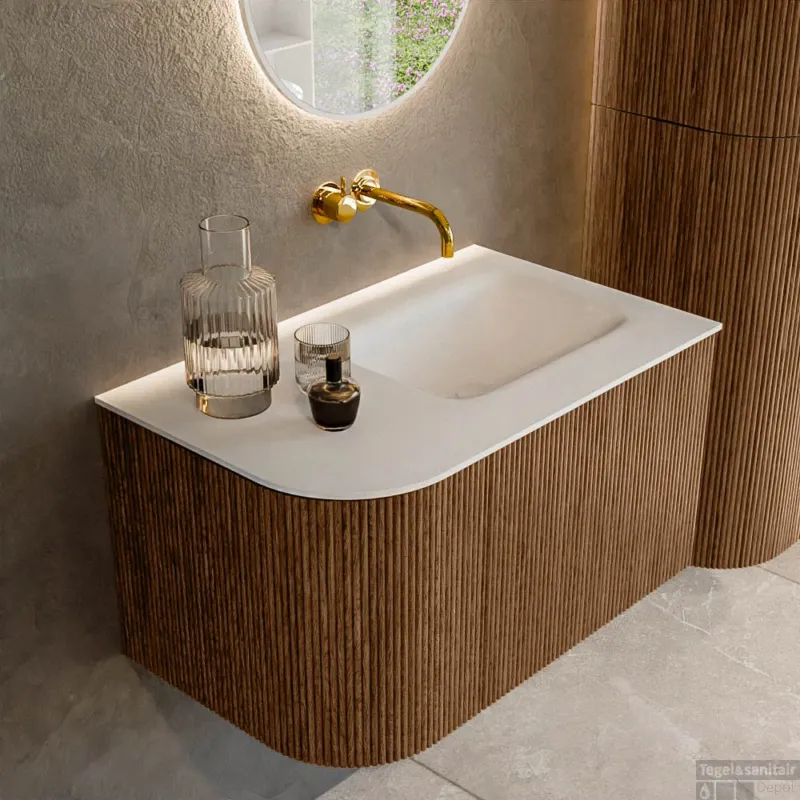 Gereduceerde Prijs Mondiaz KURVE 75 cm Onderkast Greeploos 1 Lade Met Deuren Walnut, Wastafel Solid Surface Rechts Talc 0 Kraangaten Zonder Spiegel (KRVGRU75L1L1D0KR-Wal/Tal)