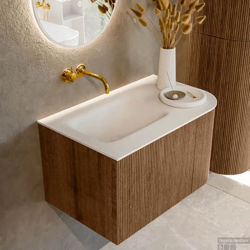 Mondiaz KURVE 75 cm Onderkast Greeploos 1 Lade Met Deuren Walnut, Wastafel Solid Surface Links Talc 0 Kraangaten Zonder Spiegel (KRVGRU75R1L1D0KL-Wal/Tal) Beperkte Voorraad