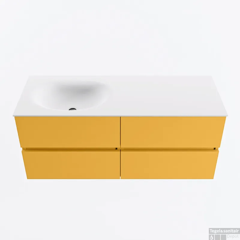 MONDIAZ VICA 120cm badmeubel onderkast Ocher 4 lades. Wastafel MOON links zonder kraangat, kleur Talc. Beste Prijs