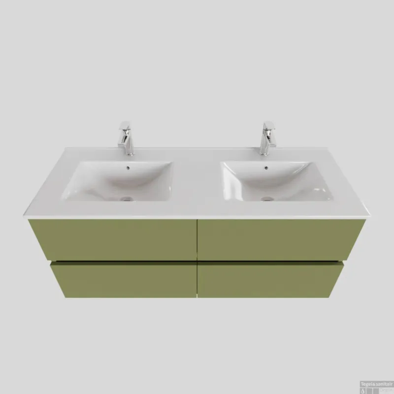 Badkamermeubel BWS Helsinki 120x46 cm Keramiek Dubbel Mat Groen 4 Laden (2 kraangaten) Speciale Aanbieding