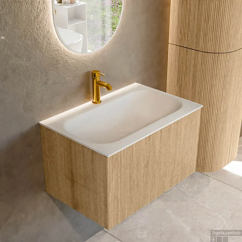 Snelle Levering Mondiaz KURVE 70 cm Onderkast Greeploos 1 Lade Zonder Deuren Oak, Wastafel Solid Surface Volledig Talc 1 Kraangat Zonder Spiegel (KRVBGS701L0D1KM-Oak/Tal)