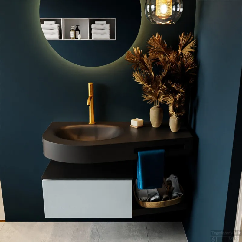 MONDIAZ RIVA 100cm badmeubel onderkast / planchet kleur Clay met 1 lade. Wastafel DULCET links 1 kraangat kleur Urban. Hete Deal
