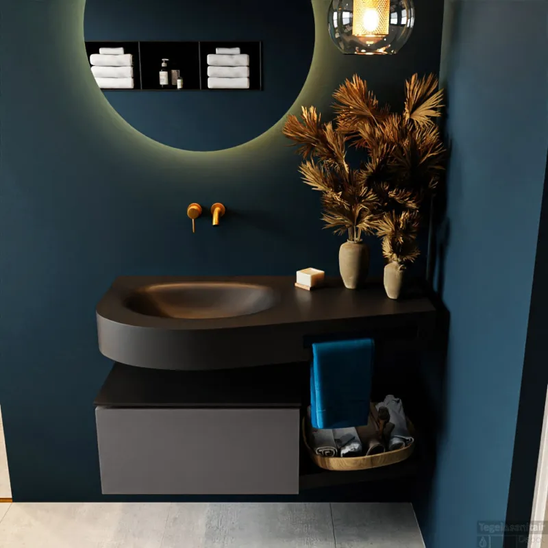 MONDIAZ RIVA 100cm badmeubel onderkast / planchet kleur Dark_Grey met 1 lade. Wastafel DULCET links 0 kraangaten kleur Urban. Gecertificeerd