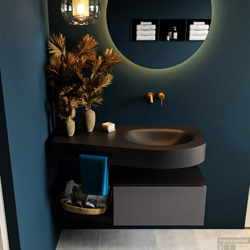 Betrouwbaar MONDIAZ RIVA 100cm badmeubel onderkast / planchet kleur Dark_Grey met 1 lade. Wastafel DULCET rechts 0 kraangaten kleur Urban.