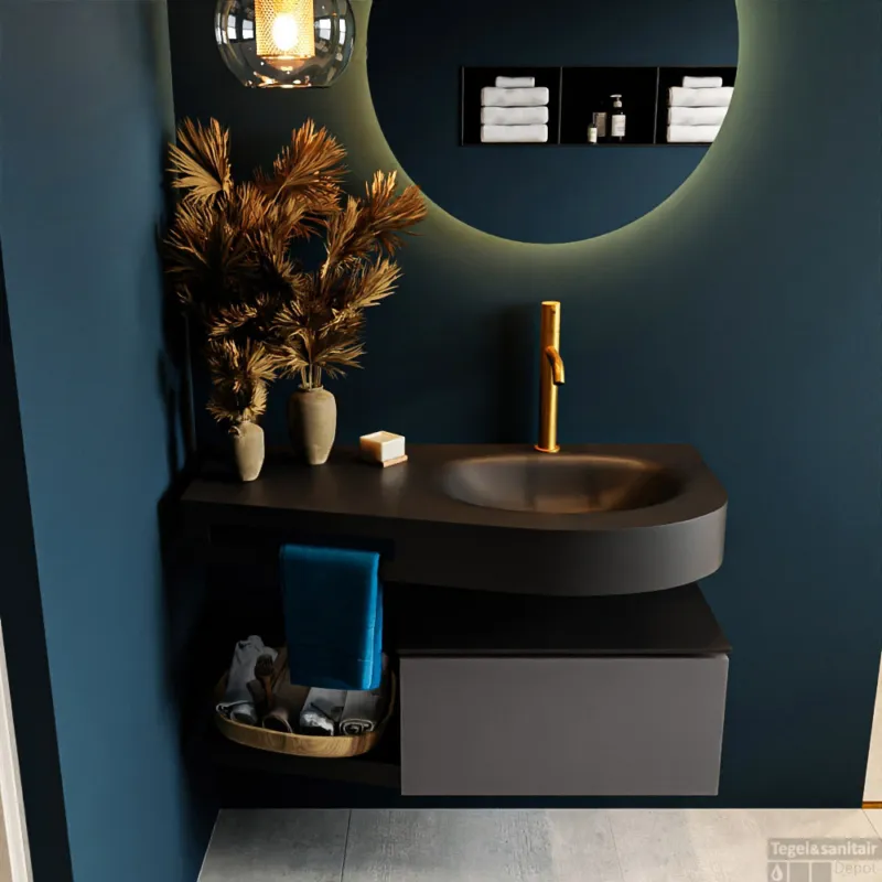 MONDIAZ RIVA 100cm badmeubel onderkast / planchet kleur Dark_Grey met 1 lade. Wastafel DULCET rechts 1 kraangat kleur Urban. Express Levering