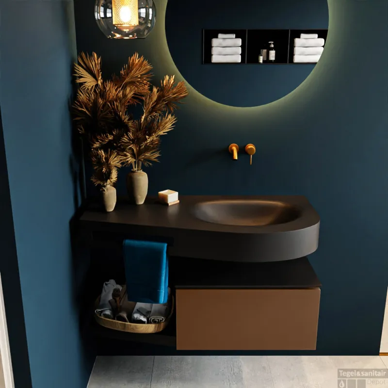 MONDIAZ RIVA 100cm badmeubel onderkast / planchet kleur Rust met 1 lade. Wastafel DULCET rechts 0 kraangaten kleur Urban. Nu Kopen